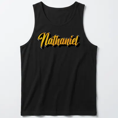 Personalized Nathaniel t-shirt with bold gold script on black. — printed on a tank top