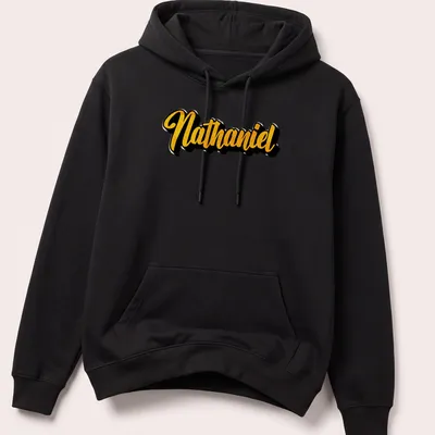 Personalized Nathaniel t-shirt with bold gold script on black. — printed on a unisex hoodie