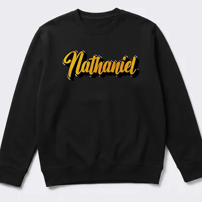 Personalized Nathaniel t-shirt with bold gold script on black. — printed on a unisex sweatshirt