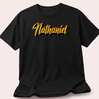 Personalized Nathaniel t-shirt with bold gold script on black.