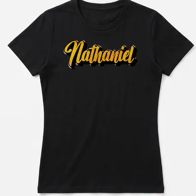 Personalized Nathaniel t-shirt with bold gold script on black. — printed on a women's shirt