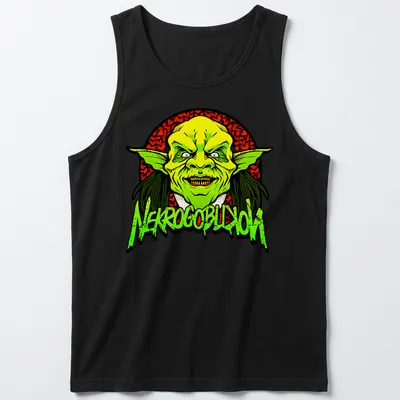 Bold cartoon goblin graphic with NEKROGOBLIKON text in green and red. — printed on a tank top