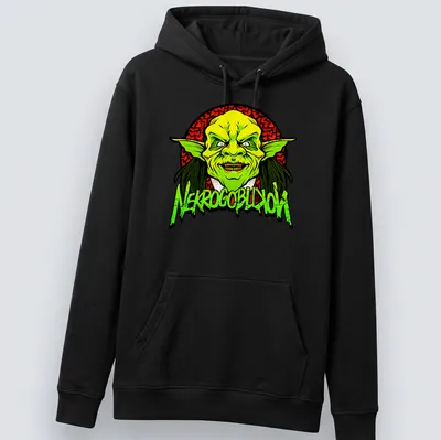 Bold cartoon goblin graphic with NEKROGOBLIKON text in green and red. — printed on a unisex hoodie