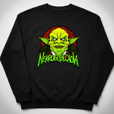 Bold cartoon goblin graphic with NEKROGOBLIKON text in green and red. — printed on a unisex sweatshirt