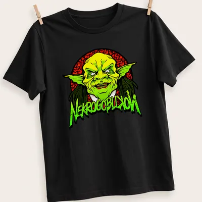 Bold cartoon goblin graphic with NEKROGOBLIKON text in green and red. — printed on a unisex t-shirt