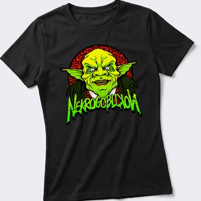 Bold cartoon goblin graphic with NEKROGOBLIKON text in green and red. — printed on a women's shirt