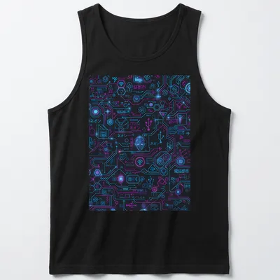 Neon circuit pattern design with Japanese text on black background — printed on a tank top
