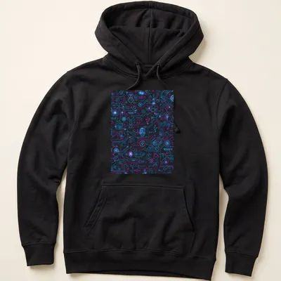 Neon circuit pattern design with Japanese text on black background — printed on a unisex hoodie
