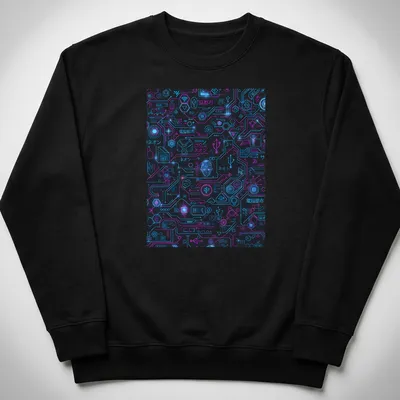 Neon circuit pattern design with Japanese text on black background — printed on a unisex sweatshirt