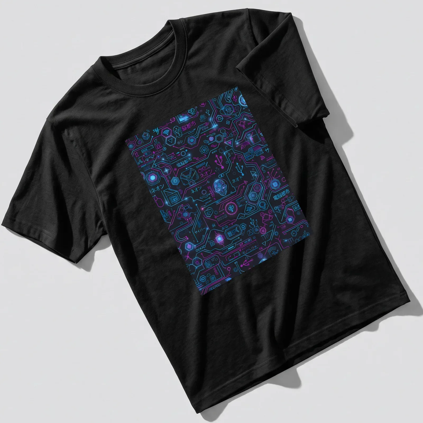 Neon circuit pattern design with Japanese text on black background — printed on a unisex t-shirt