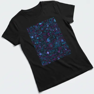 Neon circuit pattern design with Japanese text on black background — printed on a women's shirt