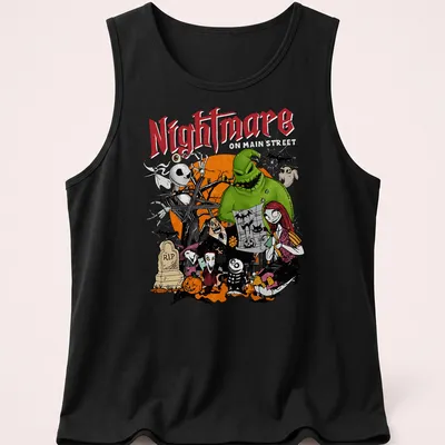 Cartoon Halloween characters with the word Nightmare in black and orange — printed on a tank top