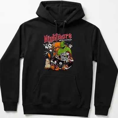 Cartoon Halloween characters with the word Nightmare in black and orange — printed on a unisex hoodie