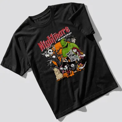 Cartoon Halloween characters with the word Nightmare in black and orange