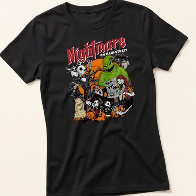 Cartoon Halloween characters with the word Nightmare in black and orange — printed on a women's shirt