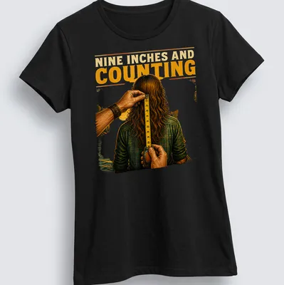 Vintage illustration t-shirt with the humorous phrase about long hair. — printed on a women's shirt