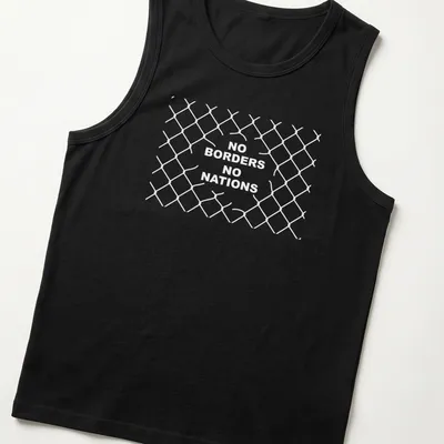 Graphic Earth illustration with 'No Borders No Nations' text in dark blue, green, and white. — printed on a tank top