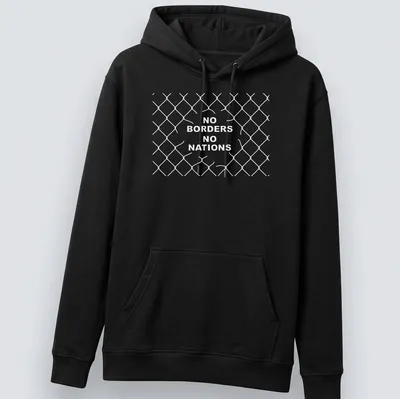 Graphic Earth illustration with 'No Borders No Nations' text in dark blue, green, and white. — printed on a unisex hoodie