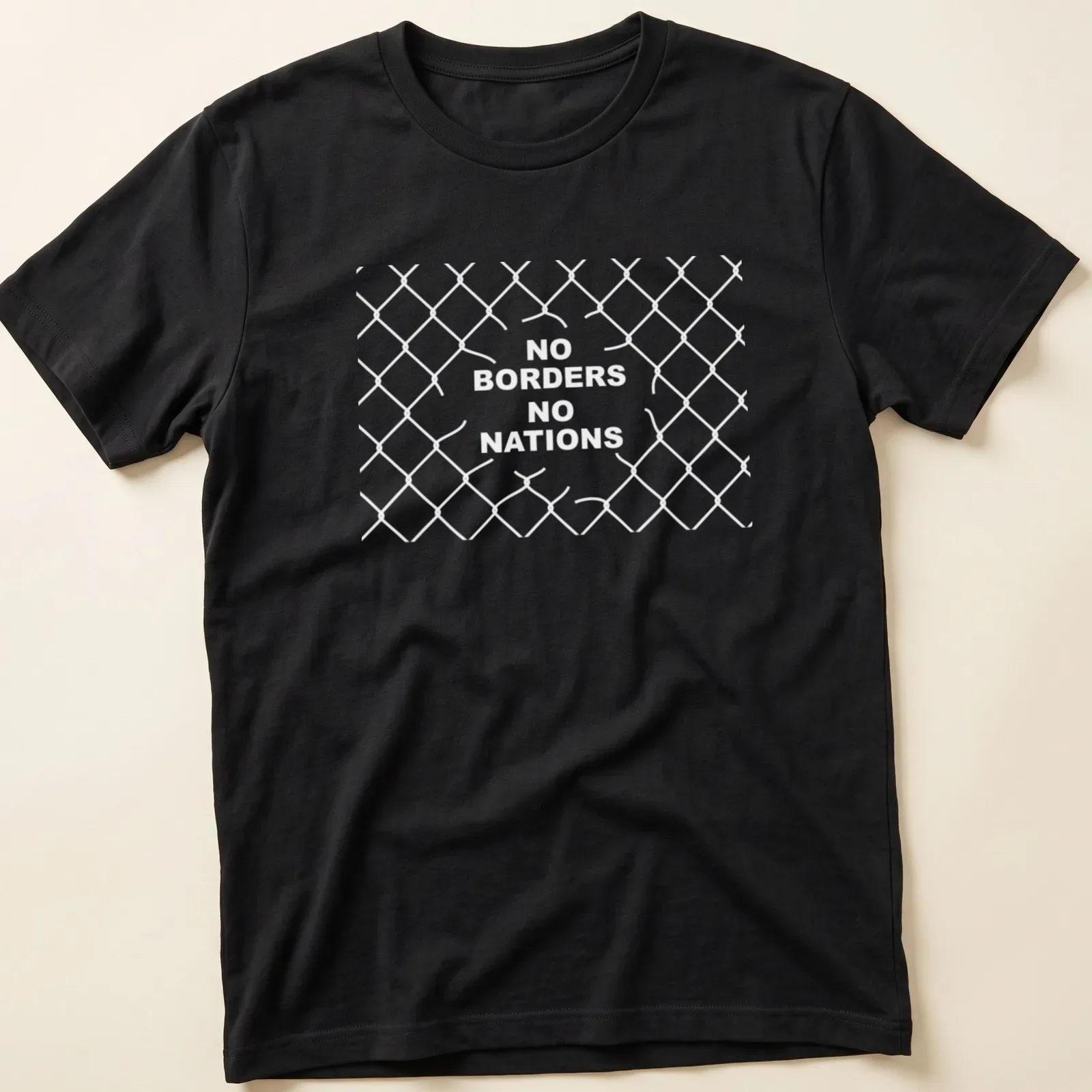 Graphic Earth illustration with 'No Borders No Nations' text in dark blue, green, and white. — printed on a unisex t-shirt
