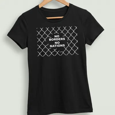Graphic Earth illustration with 'No Borders No Nations' text in dark blue, green, and white. — printed on a women's shirt