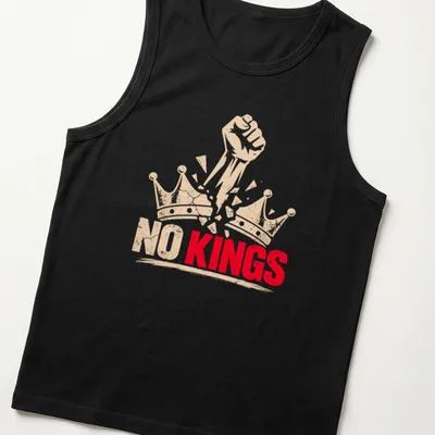 Bold graphic of a fist breaking through crowns with text 'NO KINGS' — printed on a tank top