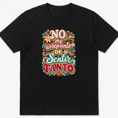 Colorful retro text design reading 'NO me arrepiento DE Sentir TANTO' in vibrant colors