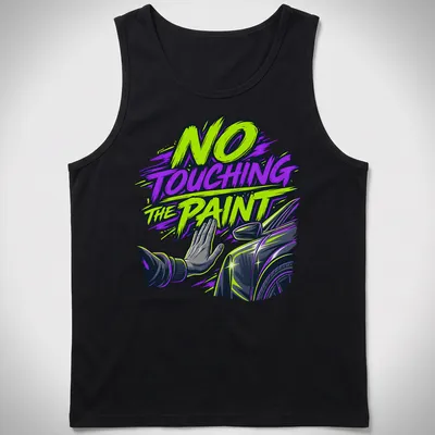 Bold comic style car detailer warning t-shirt with hand gesture illustration — printed on a tank top