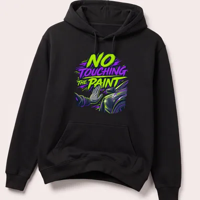 Bold comic style car detailer warning t-shirt with hand gesture illustration — printed on a unisex hoodie