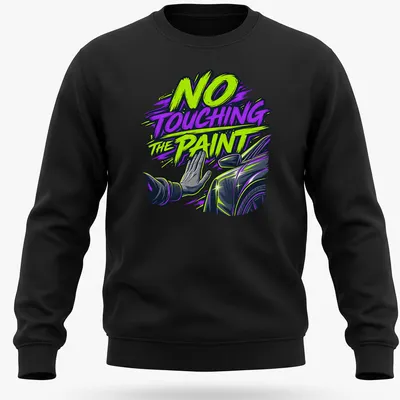 Bold comic style car detailer warning t-shirt with hand gesture illustration — printed on a unisex sweatshirt