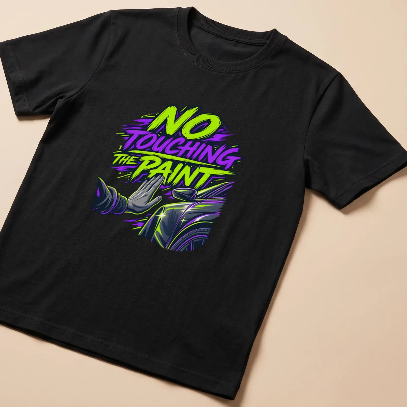 Bold comic style car detailer warning t-shirt with hand gesture illustration — printed on a unisex t-shirt