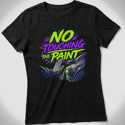 Bold comic style car detailer warning t-shirt with hand gesture illustration — printed on a women's shirt