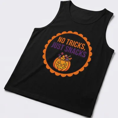 Colorful cartoon Halloween pumpkin with snacks and text above. — printed on a tank top