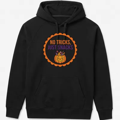 Colorful cartoon Halloween pumpkin with snacks and text above. — printed on a unisex hoodie