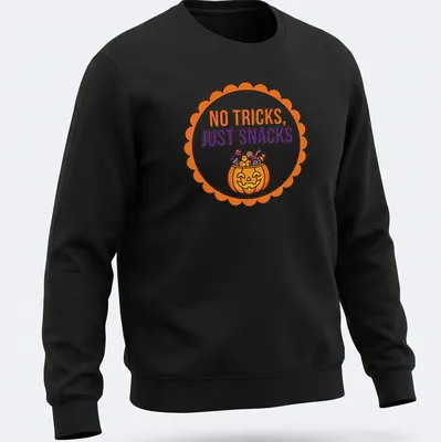 Colorful cartoon Halloween pumpkin with snacks and text above. — printed on a unisex sweatshirt