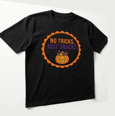 Colorful cartoon Halloween pumpkin with snacks and text above. — printed on a unisex t-shirt (angled view)