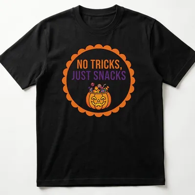 Colorful cartoon Halloween pumpkin with snacks and text above.