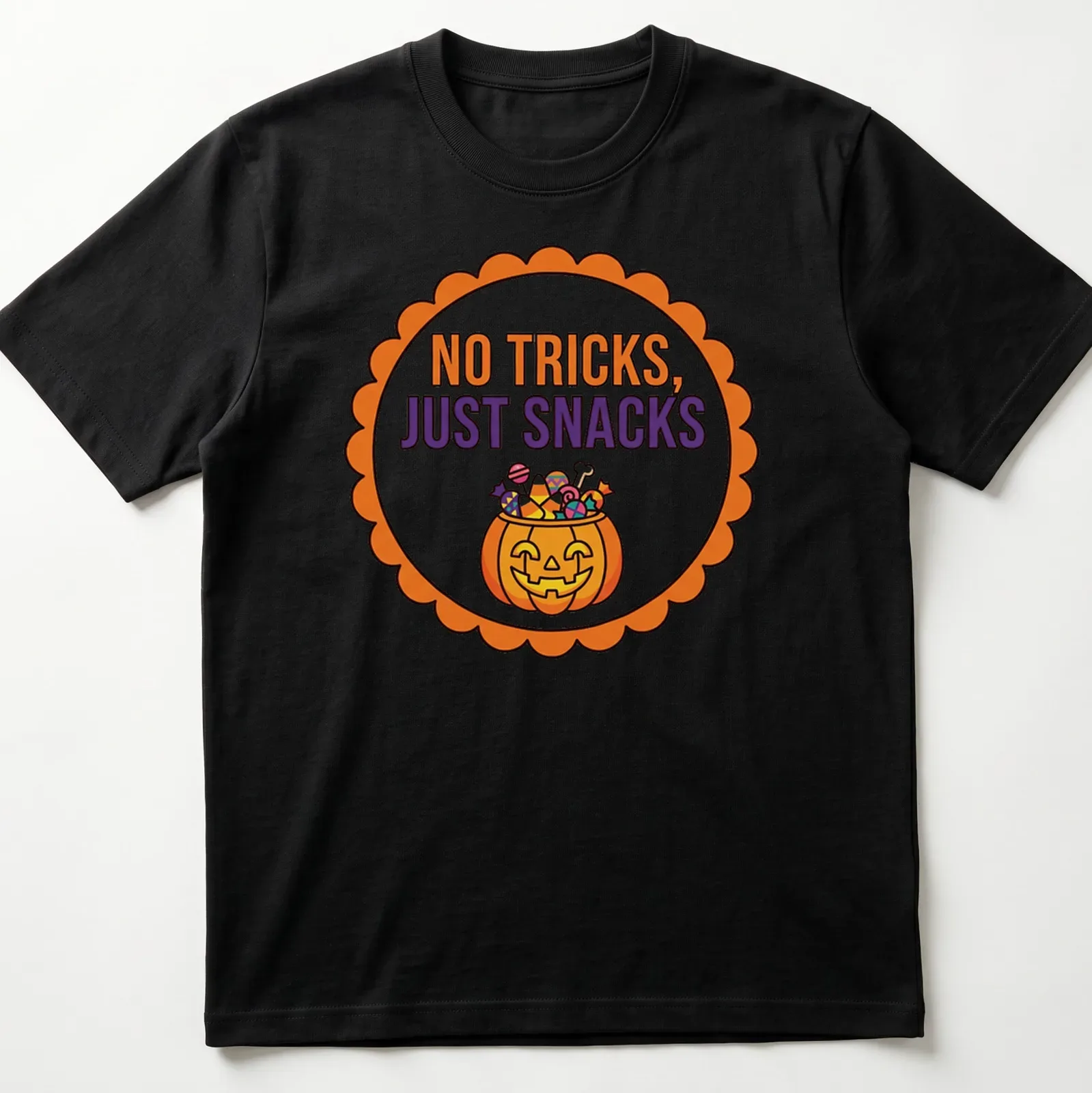 Colorful cartoon Halloween pumpkin with snacks and text above. — printed on a unisex t-shirt