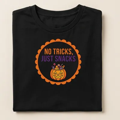 Colorful cartoon Halloween pumpkin with snacks and text above. — printed on a women's shirt