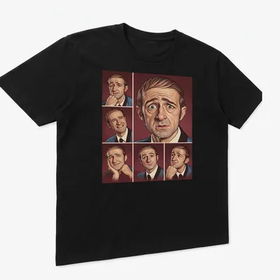 Illustrative portrait of Norman Gunston in warm colors. — printed on a unisex t-shirt (angled view)