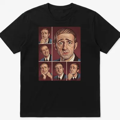 Illustrative portrait of Norman Gunston in warm colors. — printed on a unisex t-shirt