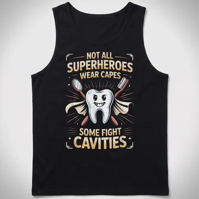 Cartoon tooth in a cape with dental tools, text about superheroes fighting cavities — printed on a tank top