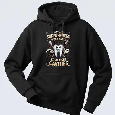 Cartoon tooth in a cape with dental tools, text about superheroes fighting cavities — printed on a unisex hoodie