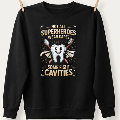 Cartoon tooth in a cape with dental tools, text about superheroes fighting cavities — printed on a unisex sweatshirt