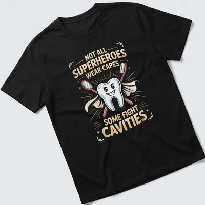 Cartoon tooth in a cape with dental tools, text about superheroes fighting cavities
