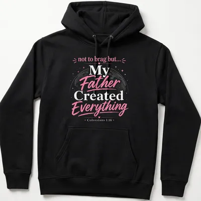 Playful typography t-shirt with globe and text from Colossians 1:16 — printed on a unisex hoodie