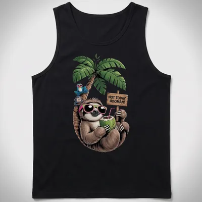 Colorful cartoon sloth holding a coconut with humorous text above — printed on a tank top