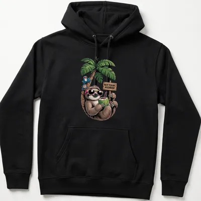 Colorful cartoon sloth holding a coconut with humorous text above — printed on a unisex hoodie