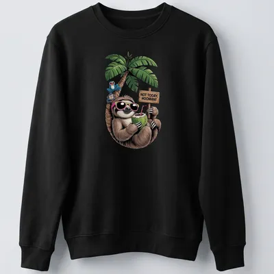 Colorful cartoon sloth holding a coconut with humorous text above — printed on a unisex sweatshirt