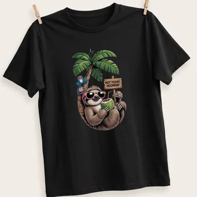 Colorful cartoon sloth holding a coconut with humorous text above — printed on a unisex t-shirt