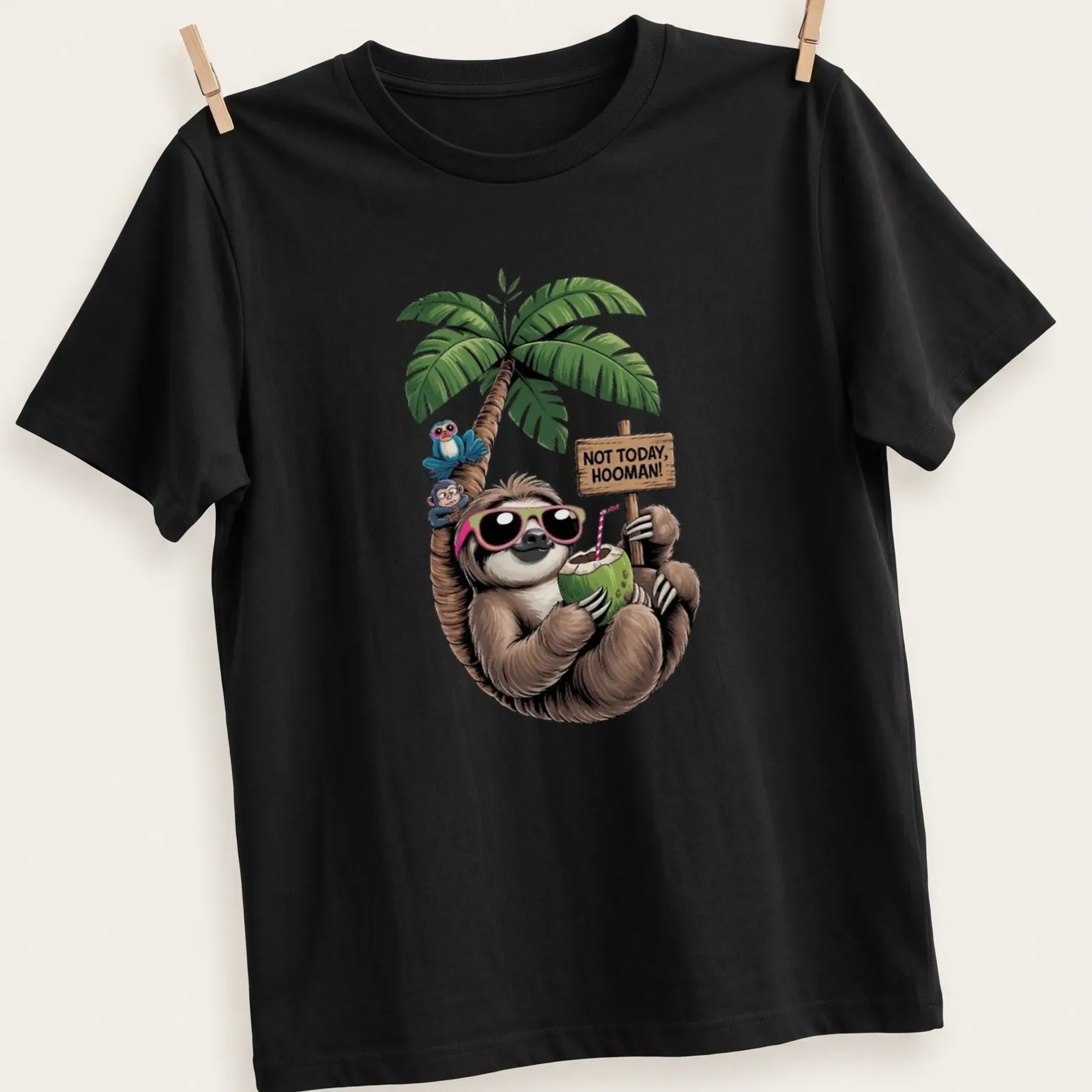Colorful cartoon sloth holding a coconut with humorous text above — printed on a unisex t-shirt
